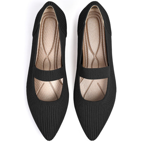 TINGRISE Women's Flats Shoes Pointed Toe Knit Washable Ballet Comfortable Dressy Mary Jane Flat Black US8