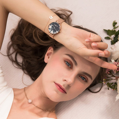 VICTORIA HYDE Analog Quartz Women Watches Rose Gold Stainless Steel Mesh Band Casual Dress Floral Dial Wristwatch for Lady VICTORIA HYDE