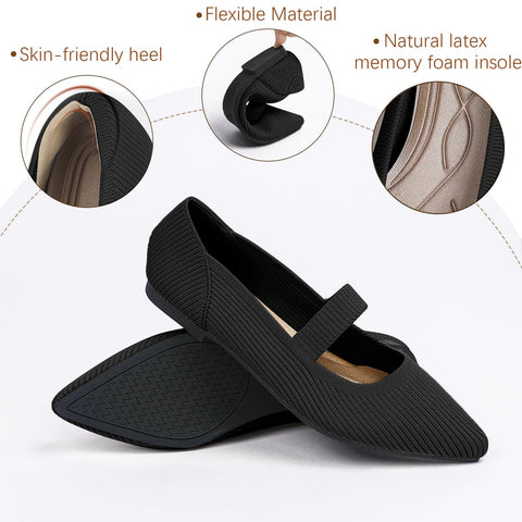 TINGRISE Women's Flats Shoes Pointed Toe Knit Washable Ballet Comfortable Dressy Mary Jane Flat Black US8