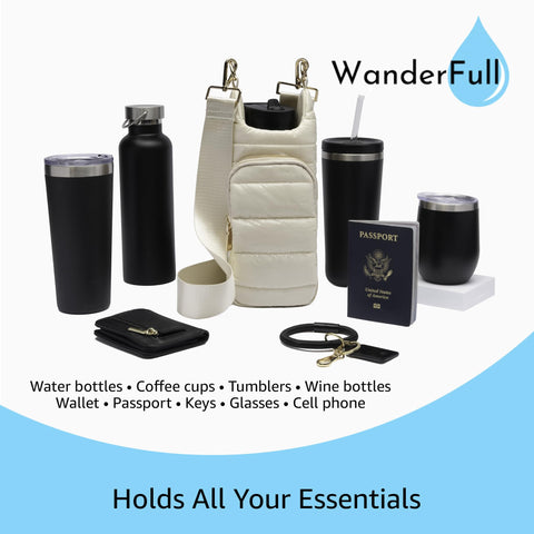 WanderFull Original Crossbody HydroBag | Quilted Water Bottle Carrier | Puffer Tote Tumbler Holder with Pockets for Purse, Phone & Accessories | Carry Travel Essentials (Ivory Gloss) WanderFull