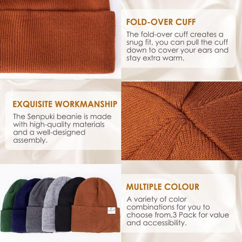 3 Pack Satin Lined Winter Beanie Hats for Women Men,Silk Lined Beanie Knit Soft Warm Cuffed Hat(Black+Dark Gray+Caramel) SENPUKI
