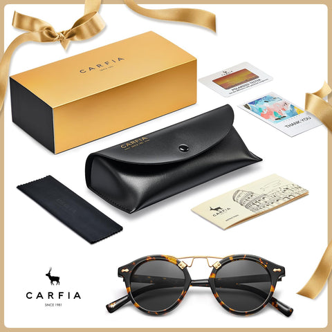 CARFIA Small Acetate Polarized Sunglasses for Women UV Protection, Retro Double Bridge Eyewear Metal Brow Round Sunnies