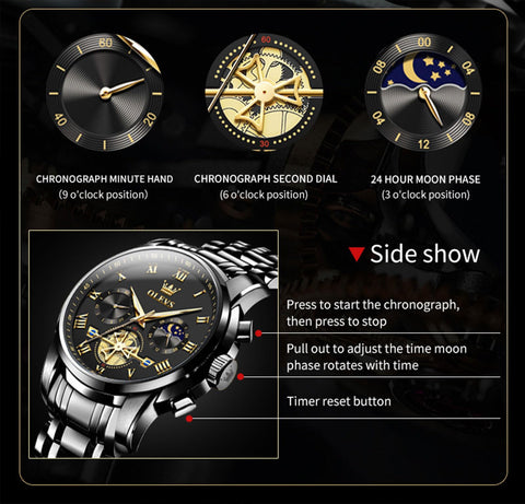 OLEVS Black Watches for Men Casual Fashion Big Face Man Watch Luxury Analog Quartz Men's Wrist Watch Elegant Waterpoof Stainless Steel Multifunction Chronograph Moon Phase Mens Watches