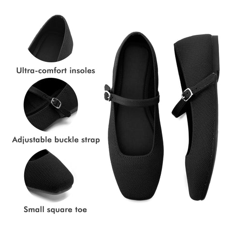 Soesyi Knit Flats for Women Square Toe Flats Casual Ballet Flats with Ankle Strap,Mary Jane Shoes Women Comfortable for Dressy Office,Size 08，Black