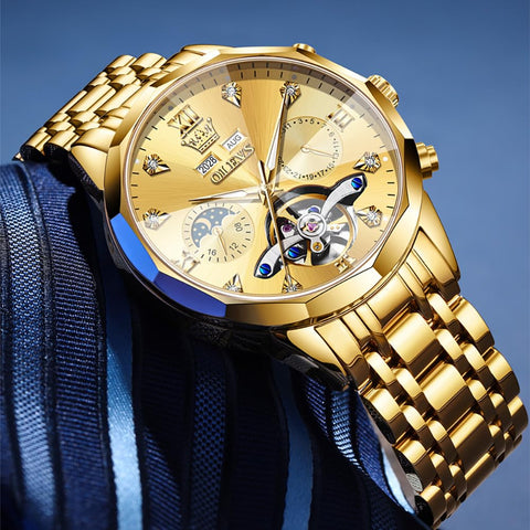 OLEVS Automatic Men Gold Watch Skeleton Mechanical Business Dress Stainless Steel Waterproof Luminous Calendar Luxury Classic Wrist Watch Male
