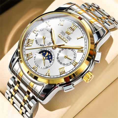 OLEVS Mens Automatic Watch Mechanical Self Winding Luxury Business Dress Moon Phase Stainless Steel Calendar Wrist Watches for Men Waterproof Luminous OLEVS