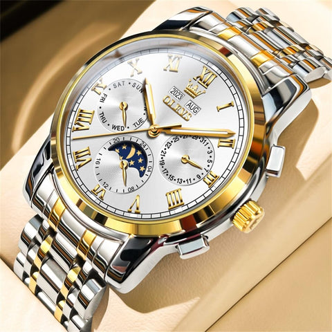 OLEVS Mens Automatic Watch Mechanical Self Winding Luxury Business Dress Moon Phase Stainless Steel Calendar Wrist Watches for Men Waterproof Luminous OLEVS