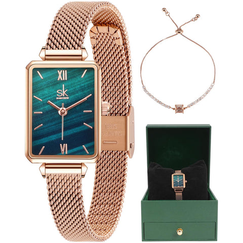 SK Dainty Women's Wrist Watch: Green Malachite Dial,Beautiful Bracelet, Wrapped by Stylish Gift Box, Elegant Present for Ladies and Loved Ones claities