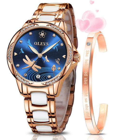 OLEVS Automatic Watches for Women Self Winding Mechanical Watch Rose Gold Diamond Stainless Steel Luminous Waterproof Dress Watch Blue Dial OLEVS