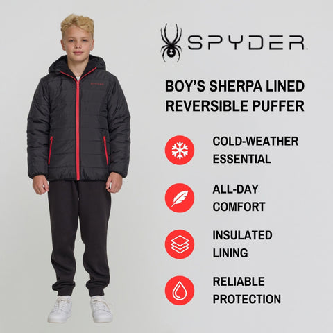 Spyder Reversible Boys Puffer Jacket - Fleece Lined Puffer Coat with Hood, Sherpa Winter Kids Outerwear, Sizes 4-20