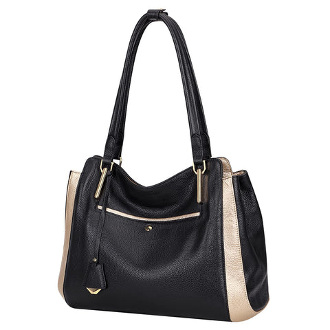 Over Earth Genuine Leather Shoulder Tote Bag for Women Soft Hobo Womens Purses and Handbags(O191E Black/Gold) Over Earth