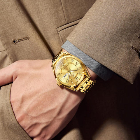 OLEVS Gold Watch for Man Luxury Dress Large Numer Analog Quartz Watch Waterproof Luminous Calendar Easy to Read Watches for Father