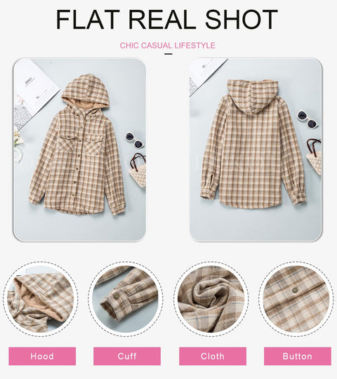 Dokotoo Shacket Jacket Women Fashion Winter Clothing for Women Plaid Oversized Hooded Long Sleeve Flannel Shirts Button Up Sherpa Coats Pocketed Casual Fall 2025 Thick Fleece Lined Outerwear Khaki S