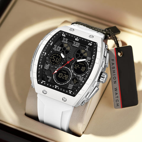 Watches for Men Unique Rectangle Relojes para Hombres White Wristwatch with Digital Analog Dual Time Display Countdown Stopwatch Punk Cool Design 5ATM Waterproof