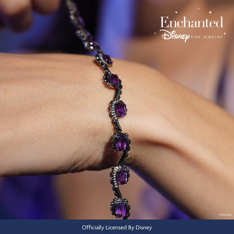 Jewelili Enchanted Disney Fine Jewelry Black Rhodium over Sterling Silver 6x4 MM Oval Shape Amethyst and 1/5 Cttw Natural White Round Diamond Ursula Bracelet