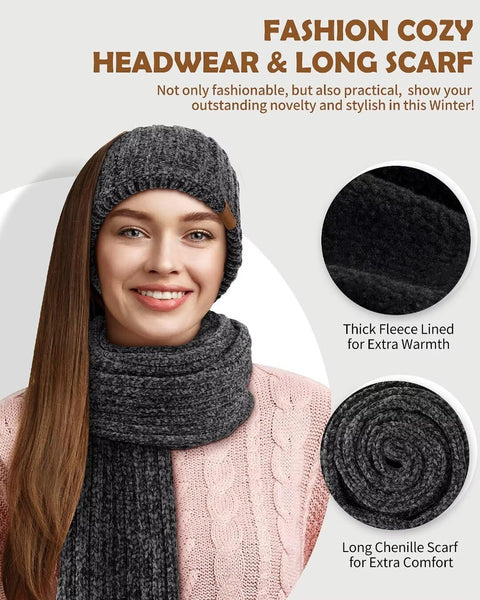 Women Beanie Scarf Gloves Headband Set for Winter, Chenille Beanie Hats Ear Warmer with Fleece Lined Knit Scarf Touchscreen Gloves, Fashion 4 in 1 Warm Xmas Gift Set for Cold Weather-Gray Winuesa