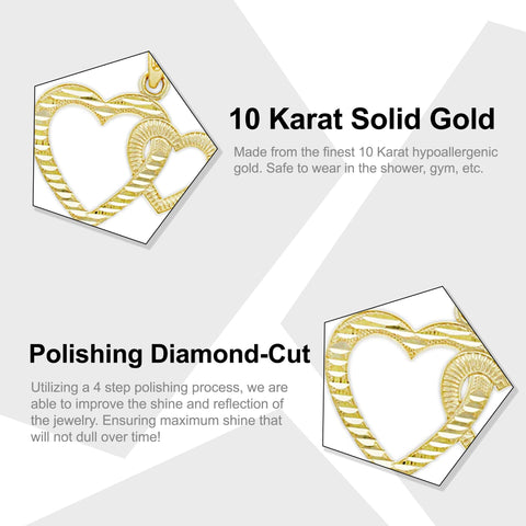 Gold Double Heart Charm - 10 Karat Solid Gold - Heart Pendant - Jewelry
