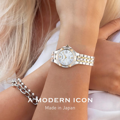 SEIKO SUT068 Watch for Women - Diamond Collection - with 18 Diamond Accents, Solar Power, Mother-of-Pearl Dial, Two-Tone Rose Gold Stainless Steel Case & Bracelet, and Water-Resistant to 50m SEIKO