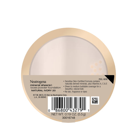 Neutrogena Mineral Sheers Loose Powder Makeup Foundation, Lightweight Face Makeup, Sheer to Medium Buildable Coverage, Sensitive Skin Foundation with Vitamins A, C, & E, Natural Ivory 20, .19 oz