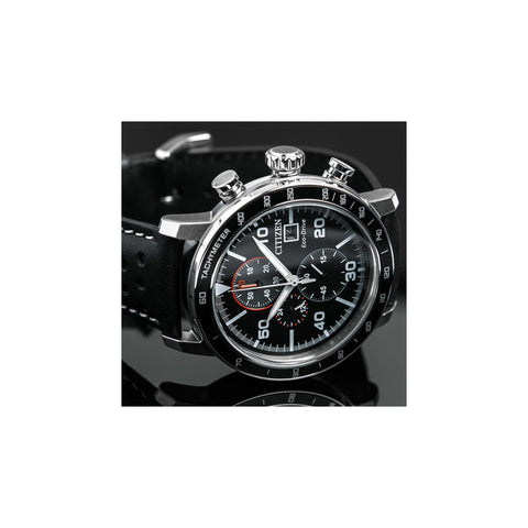 Citizen Men's Eco-Drive Weekender Brycen Chronograph Watch in Stainless Steel, Black Leather strap, Black Dial (Model: CA0649-14E) Citizen