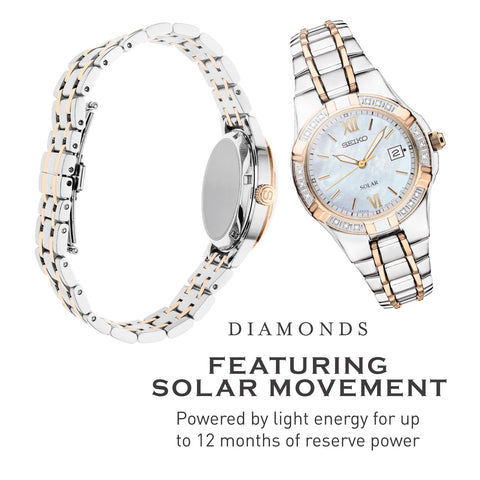 SEIKO SUT068 Watch for Women - Diamond Collection - with 18 Diamond Accents, Solar Power, Mother-of-Pearl Dial, Two-Tone Rose Gold Stainless Steel Case & Bracelet, and Water-Resistant to 50m SEIKO