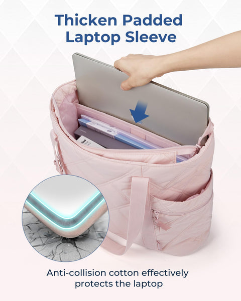 BAGSMART Tote Bag for Women, Large Tote Bag with Zipper, Quilted Puffer Bag Gym Bag Top Handle Handbag for Travel Work, Pink BAGSMART