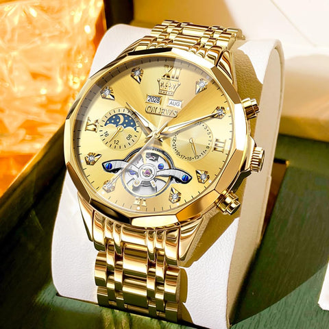 OLEVS Automatic Men Gold Watch Skeleton Mechanical Business Dress Stainless Steel Waterproof Luminous Calendar Luxury Classic Wrist Watch Male