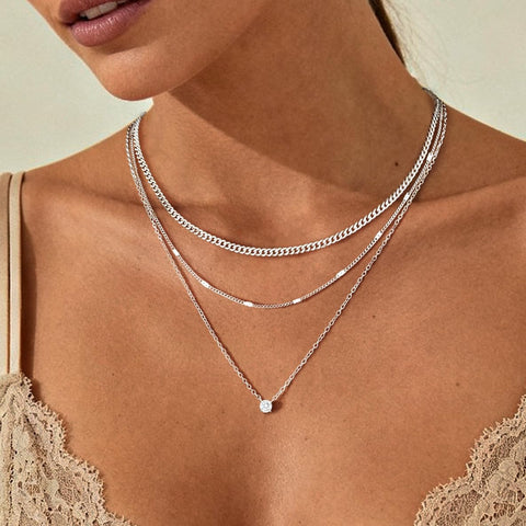 WomenGifts Layered Silver Necklaces for Women, Sterling Silver Cute Pendant Necklace Set with Dainty Cubic Zirconia, Stackable Cuban Chain Choker, Trendy Waterproof Non Tarnish Jewelry Gift