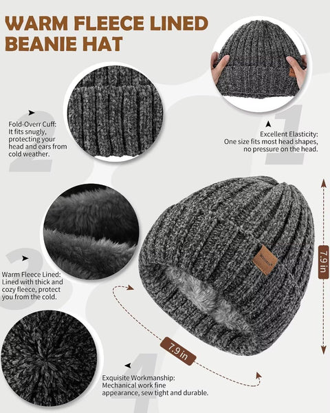 Women Beanie Scarf Gloves Headband Set for Winter, Chenille Beanie Hats Ear Warmer with Fleece Lined Knit Scarf Touchscreen Gloves, Fashion 4 in 1 Warm Xmas Gift Set for Cold Weather-Gray Winuesa
