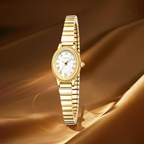 VAVC Small Gold Watches for Women,Analog Womens Watch with Stainless Steel Expansion Band,Oval Case Roman Dial,Water Resistant（5.91in-6.7in）