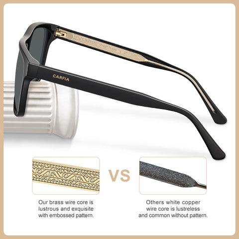 CARFIA Black Curved Acetate Polarized Sunglasses for Men UV Protection, Cool Retro Eyewears with Embossed Pattern Wire Core