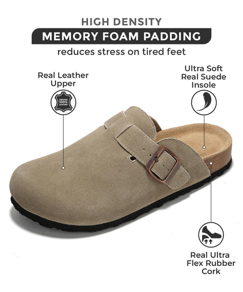Project Cloud Genuine Leather Footbed Clogs for Women - Memory Foam Arch Support Slippers for Women - Trendy Slip-ons Women's Mules & Clogs Sandals (Benton,TaupeSuede, 8)