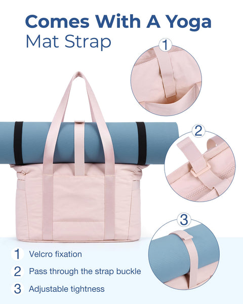 BAGSMART Tote Bag for Women, Lightweight Large Tote Bag with Compartments and Yoga Mat Strap, Quilted Shoulder Bag Handbag for Travel, Work, Gym, Pink BAGSMART