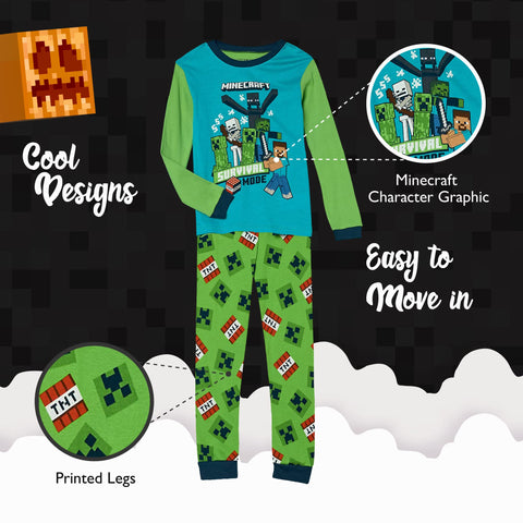 Minecraft Boys 6-piece Snug-fit Cotton Pajama Set, Blue, Green, 8 US