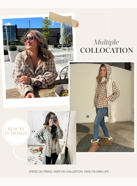 Dokotoo Shacket Jacket Women Fashion Winter Clothing for Women Plaid Oversized Hooded Long Sleeve Flannel Shirts Button Up Sherpa Coats Pocketed Casual Fall 2025 Thick Fleece Lined Outerwear Khaki S