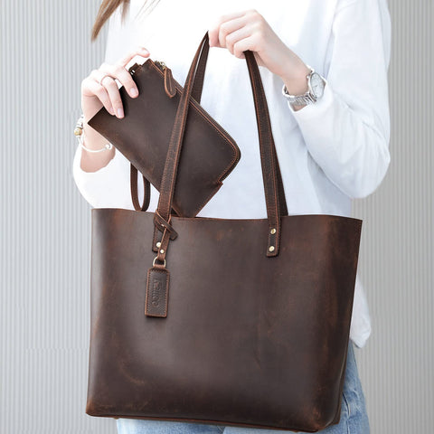 Kattee Genuine Leather Totes for Women Shoulder Bag Top Handle Satchel Purse Set 3pcs 3-in-1 Kattee