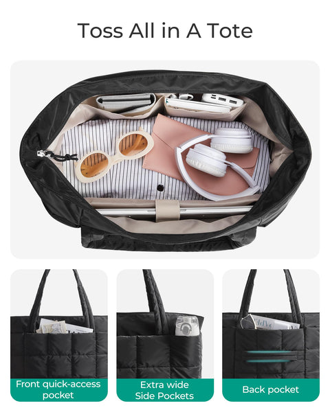 BAGSMART Expandable Tote Bag for Women, Puffer Work Tote Handbag, Quilted Carry On Bag for Travel Gym, Black, Large