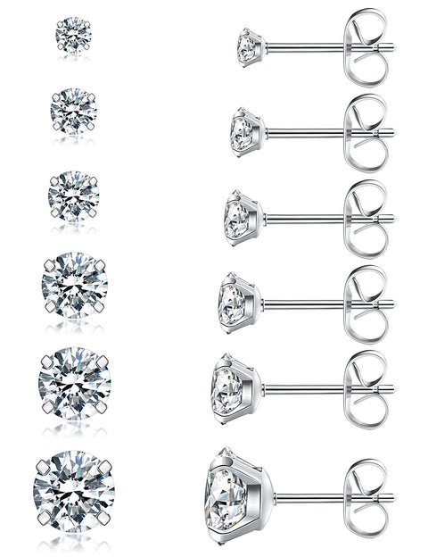 6 Pairs Stud Earrings Set, Hypoallergenic Cubic Zirconia 316L Earrings Stainless Steel CZ Earrings 3-8mm (Steel color) Wssxc