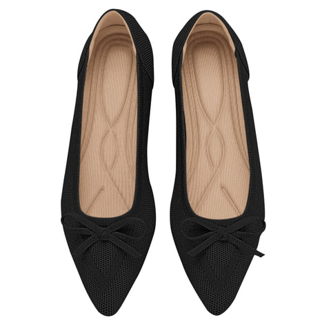 TINGRISE Women's Flats Pointed Toe Bow Knit Ballet Shoes Comfortable Dressy Mesh Slip On Flat Black US8