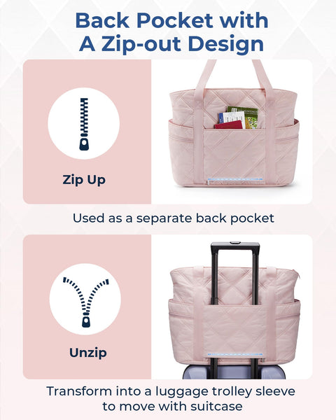 BAGSMART Tote Bag for Women, Large Tote Bag with Zipper, Quilted Puffer Bag Gym Bag Top Handle Handbag for Travel Work, Pink BAGSMART