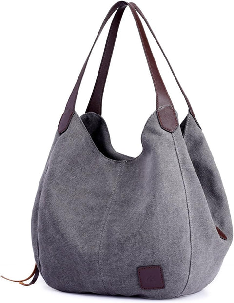 DOURR Women's Multi-pocket Shoulder Bag Fashion Cotton Canvas Handbag Tote Purse (Gray - Medium Size)