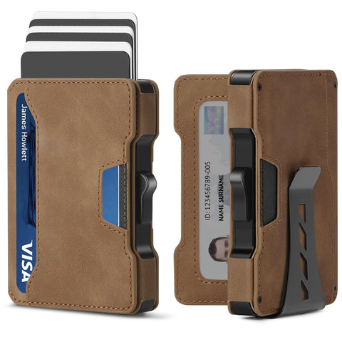 Slim Wallet for Men - Minimalist Mens Wallet with Money Clip, Aluminum Pop Up Card Case and Leather Slots Credit Card Holder RFID Blocking Wallet for Men with Gift Box (Brown) BESSIO