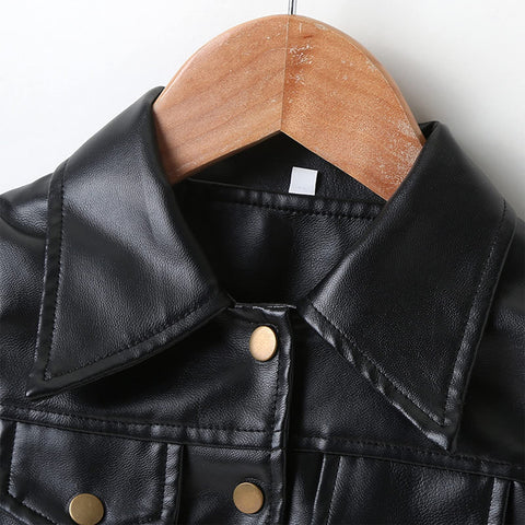 WASAIGOOD Toddler Girls Motorcycle Jackets PU Faux Leather Coat Turn-Down Collar Long Sleeve Crop Tops Outerwear Coats (black,6-7 years)