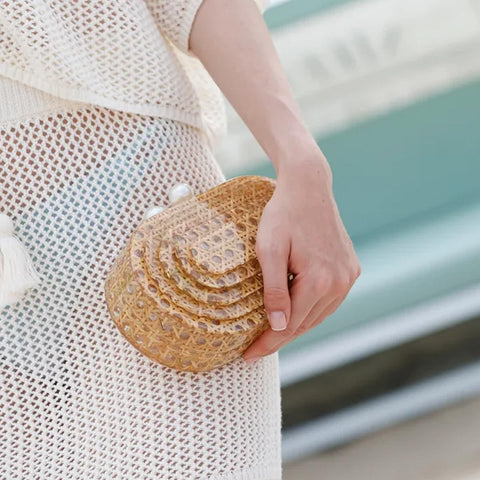 PENGZHI Women Acrylic Rattan Clutch Purse Rattan Woven Evening Bag Wedding Party Purse Summer Beach Wicker Shoulder Handbag, Brown PENGZHI