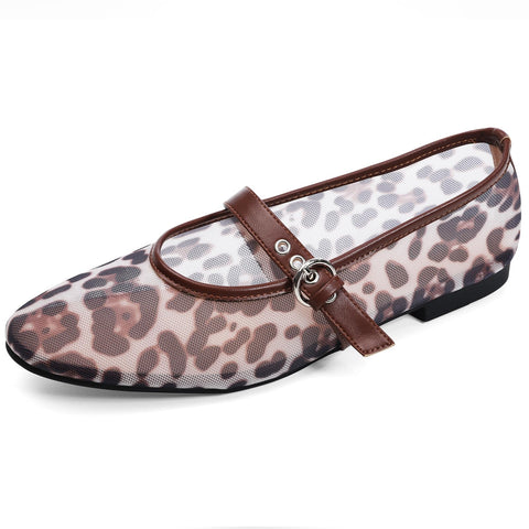 Leopard Flats for Women Mesh Ballet Flats Mary Jane Animal Print Shoes Slip On Casual Breathable Ballerina Flats