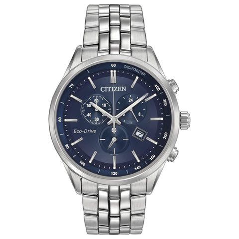 Citizen Men's Classic Corso Eco-Drive Watch, Chronograph, 12/24 Hour Time, Date, Sapphire Crystal, Stainless/ Blue Dial Citizen