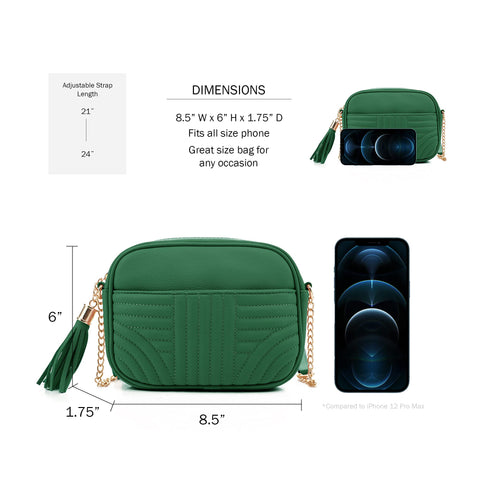 EVVE Quilted Crossbody Bags for Women - Stylish Camera Bag with Tassel - Lightweight Medium Size Shoulder Purse | Kelly Green