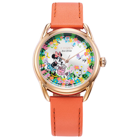 Citizen Eco-Drive Ladies' Disney Minnie Mouse Gardening Watch, Gold Tone with Coral Strap, Floral, 3-Hand Date, 36mm (Model: FE6087-04W) Citizen