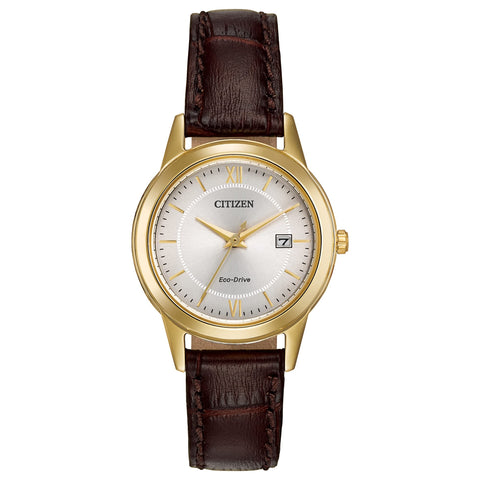 Citizen Ladies' Eco-Drive Classic Leather Strap Watch with 3-Hand Date, Brown Strap/Gold/ Champagne Dial Citizen