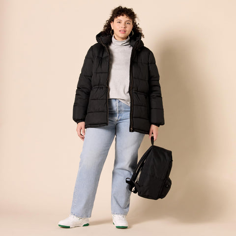 Amazon Essentials Women's Heavyweight Quilted Hooded Puffer Winter Jacket with Adjustable Waist, Black, X-Large Amazon Essentials